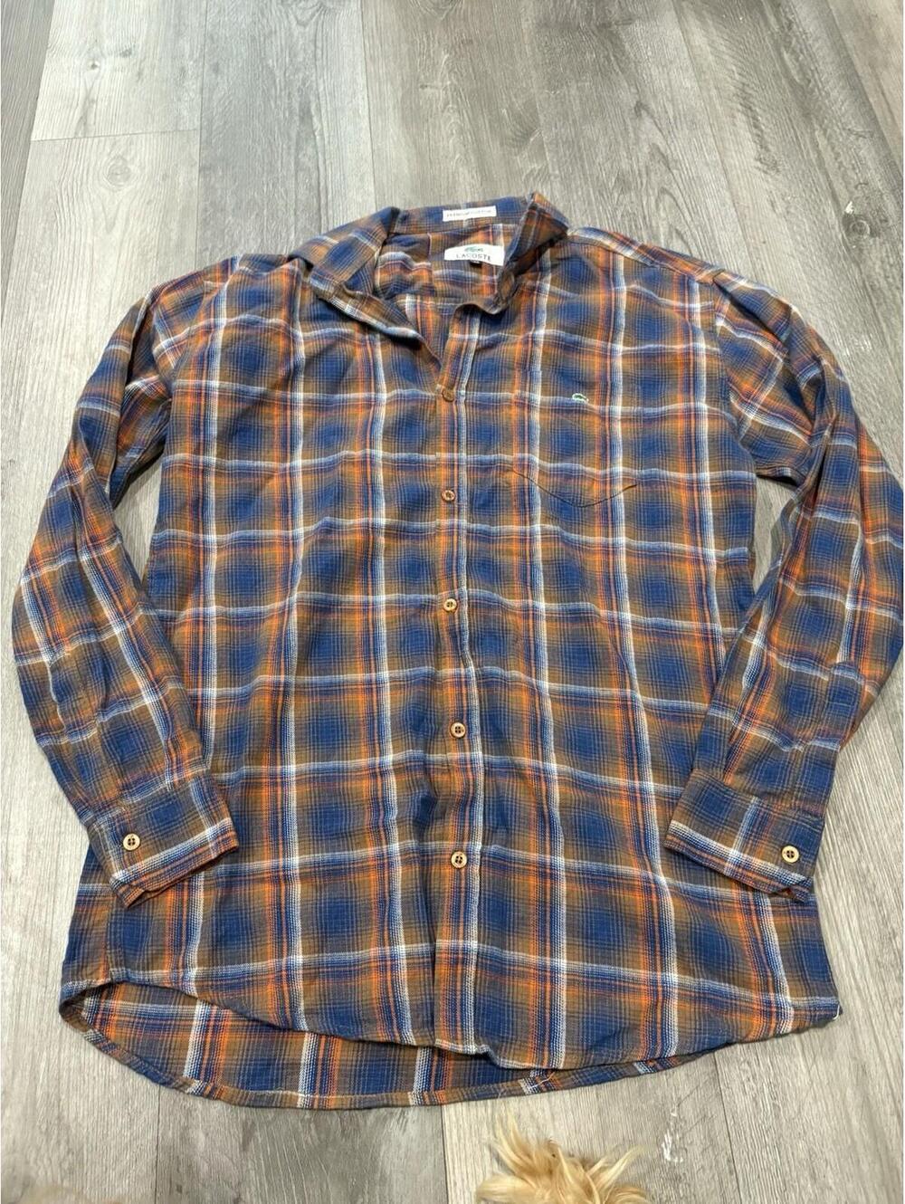 LACOSTE MENS BLUE PLAID LONG SLEEVE BUTTON UP PLAID COTTON SHIRT LG